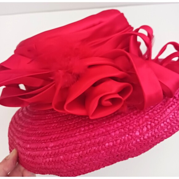 Red Straw Satin Summer Church Hat Lg Red Satin Tied Back Bow Wide Brim Bell